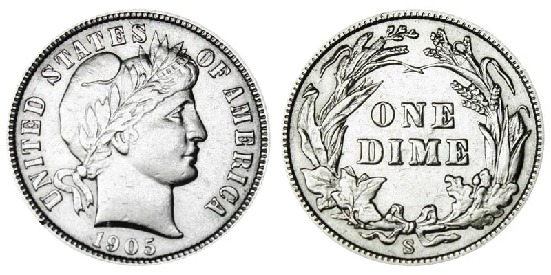 1905 Barber dime obverse showing Liberty portrait and reverse showing wreath and eagle