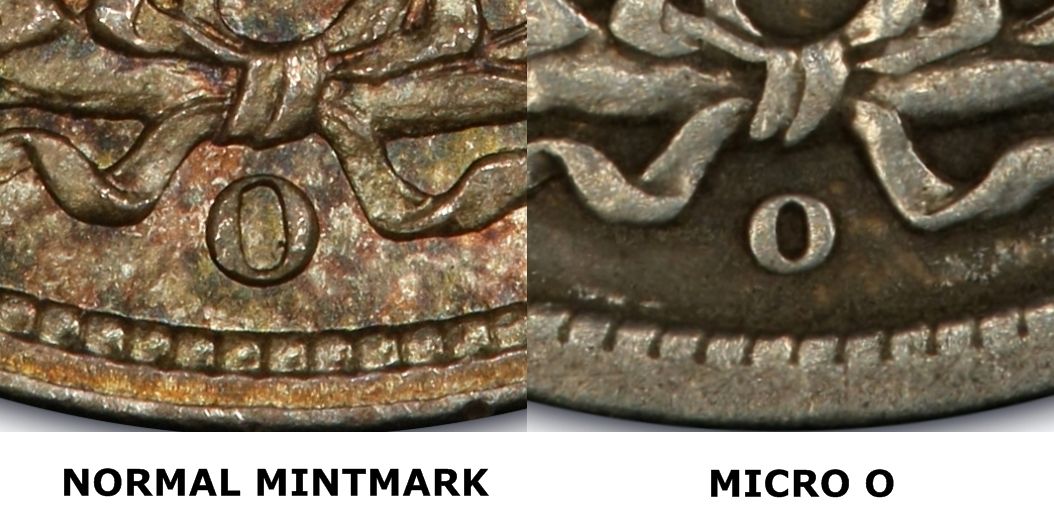 Close-up macro photograph of the 1905-O Micro O mintmark showing the undersized 'O' on the coin's reverse