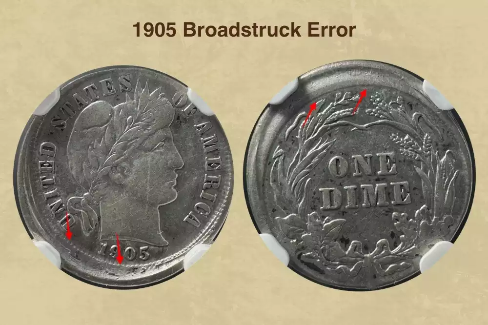 Broadstruck 1905 Barber dime error coin showing expanded diameter and missing reeded edge