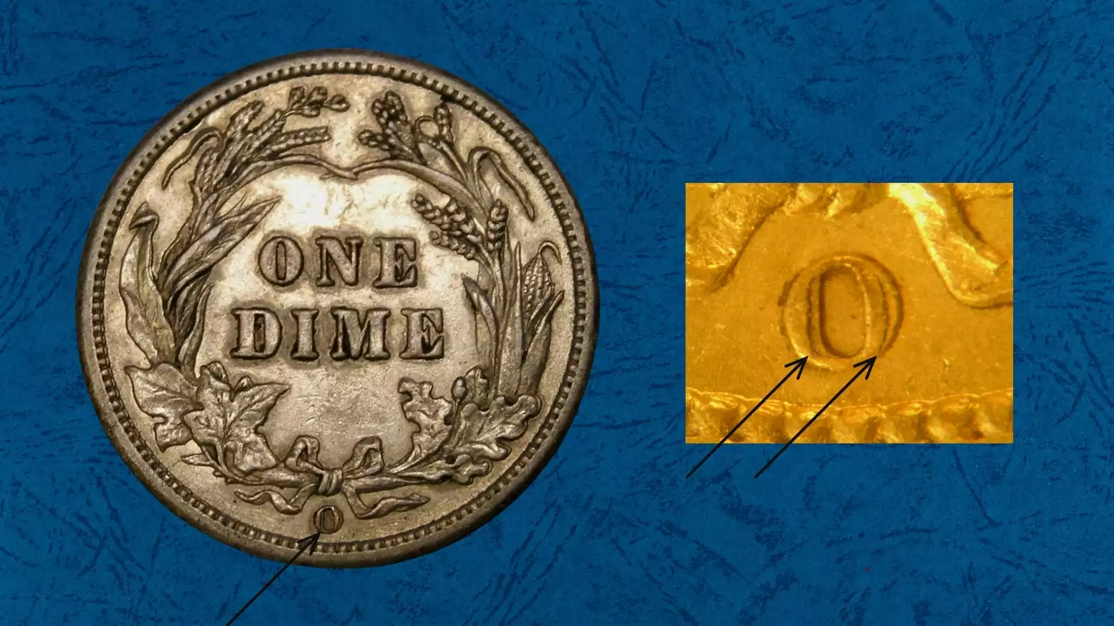 Close-up macro photograph of a repunched mint mark on a 1905 Barber dime showing doubled mintmark punch impression