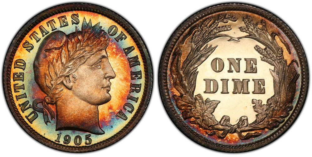 1905 Proof Deep Cameo Barber dime showing frosted white Liberty devices against mirror-like reflective fields