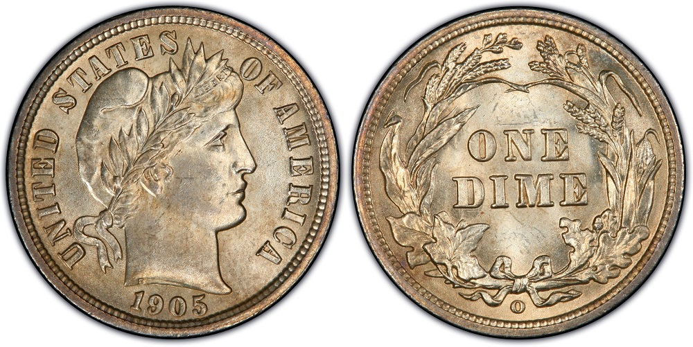 Grading strip showing four 1905 Barber dimes in progressive condition from worn Good grade through Mint State